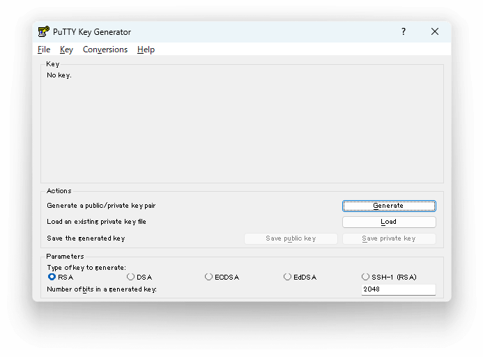 PuTTY Key Generator(起動直後)