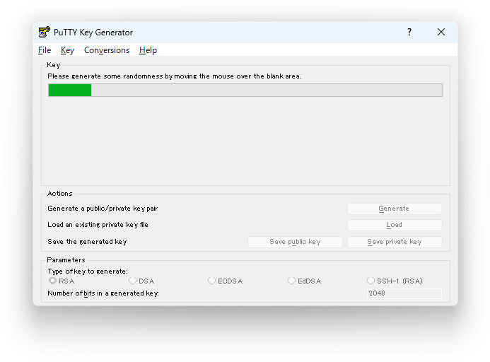 PuTTY Key Generator(鍵生成中)