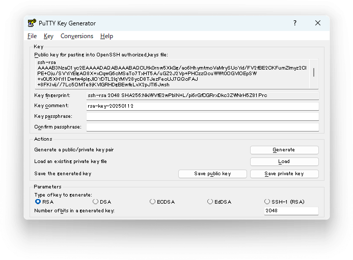 PuTTY Key Generator(鍵生成後)